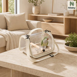 Upgraded Beige transparent bird travel carrier with perch and food cups