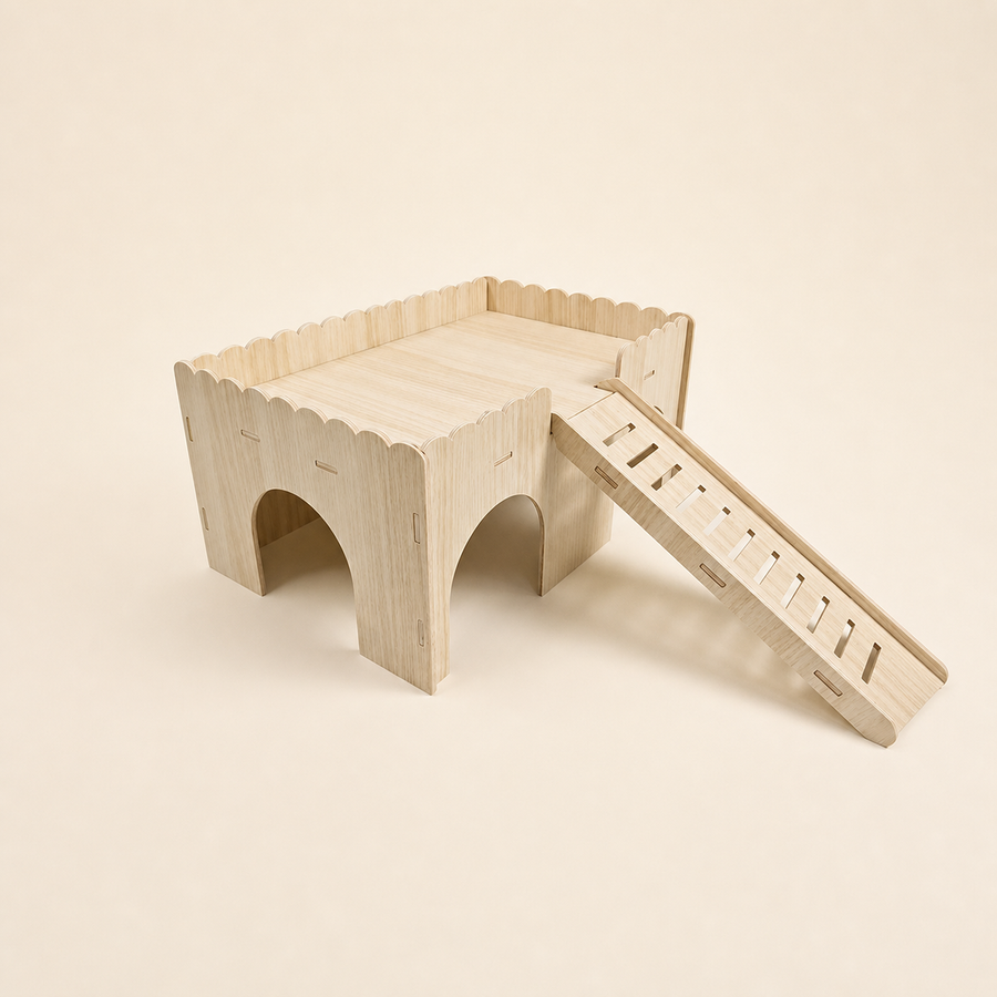 Nibbly Hollow Keep solid wood small-pet hideout with ramp, angled view