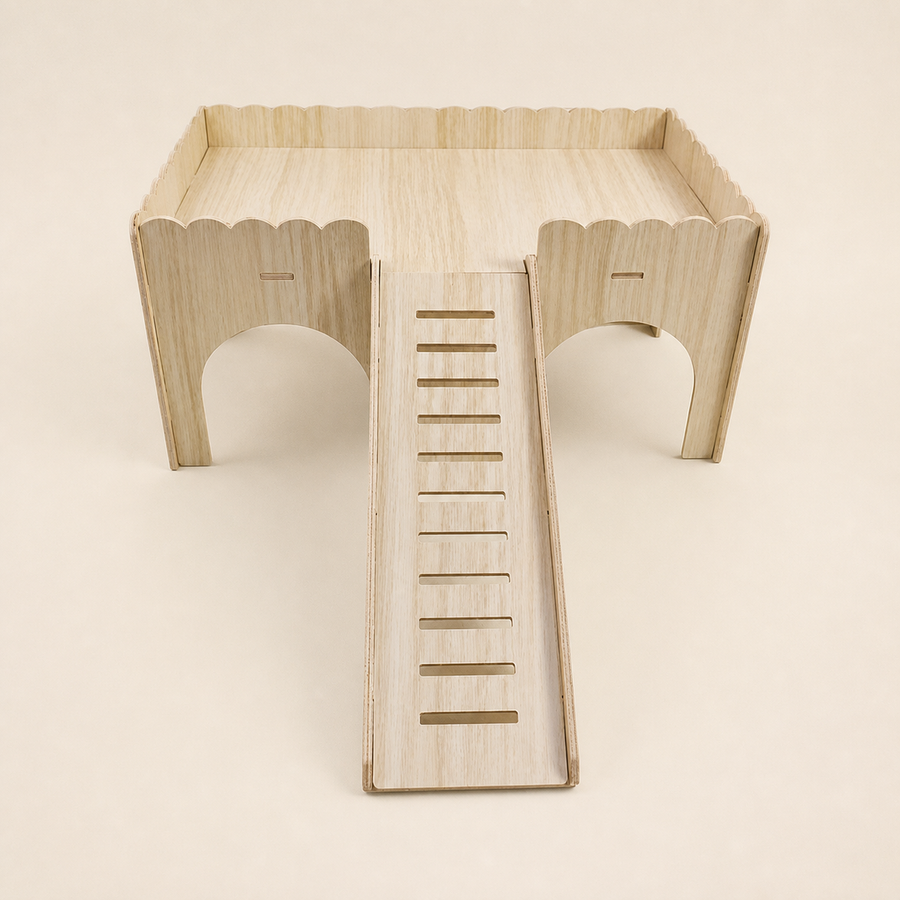Nibbly Hollow Keep natural wood hideout and ramp, alternate frontal view