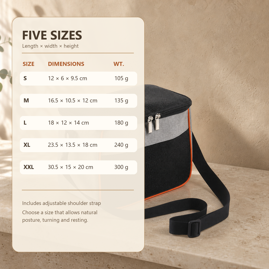 Nibbly Nestaway Carrier dimensions and weights for sizes S through XXL