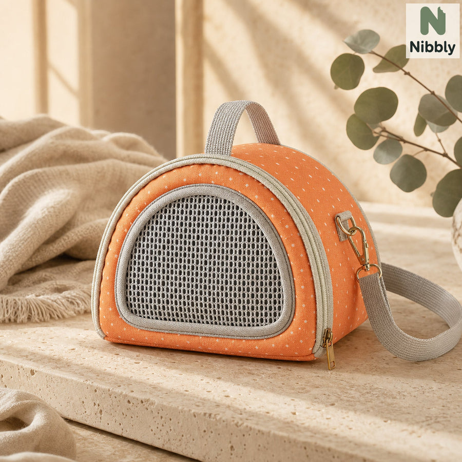 Orange small pet crossbody carrier mesh and fabric detail