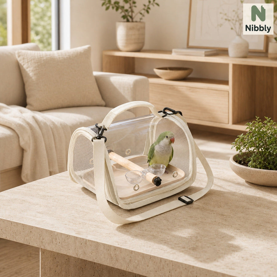 Upgraded Beige transparent bird travel carrier with perch and food cups