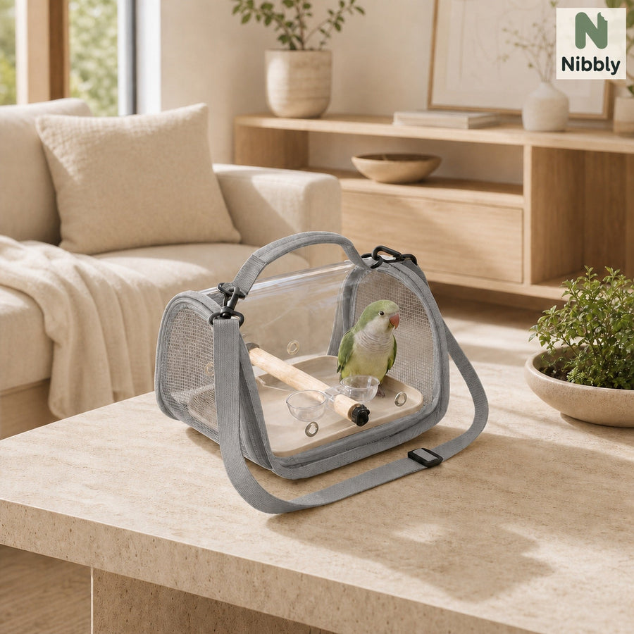 Upgraded Gray transparent bird travel carrier with perch and food cups
