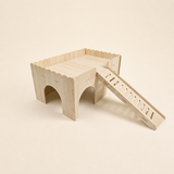 Nibbly Hollow Keep solid wood small-pet hideout with ramp, angled view