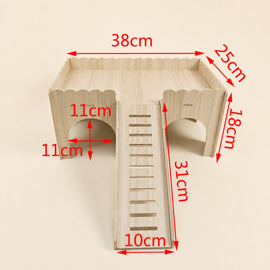 Nibbly Hollow Keep dimensions: 38 × 25 × 18 cm, 31 × 10 cm ramp, 11 × 11 cm entrances