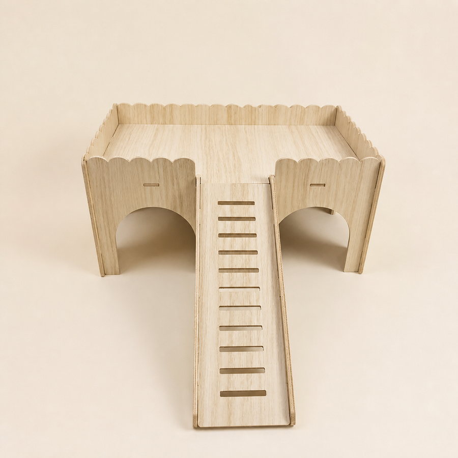 Nibbly Hollow Keep solid wood small-pet hideout with ramp, frontal view